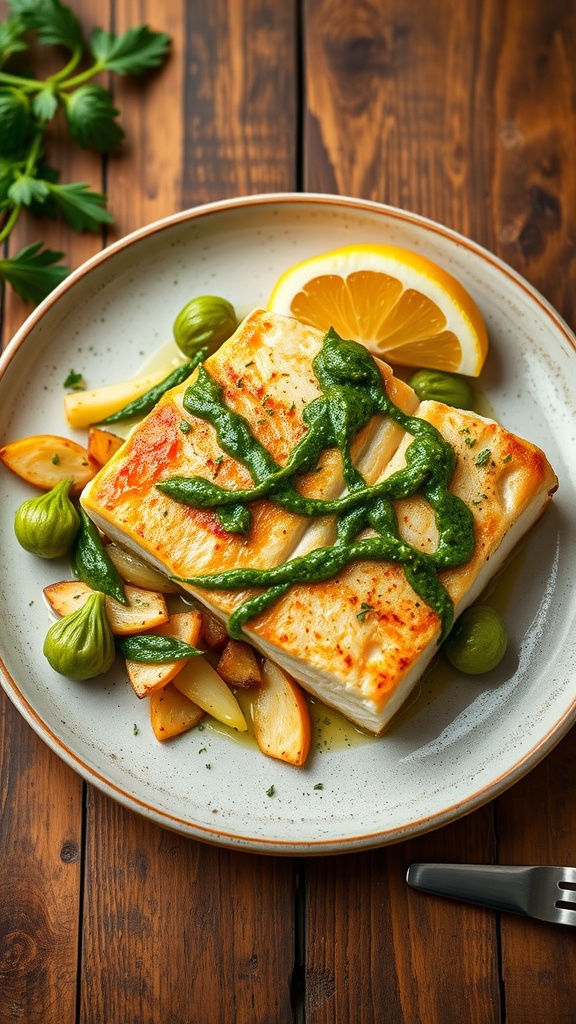 Pan-seared cod in a green herbal sauce, served with sautéed vegetables on a rustic table.